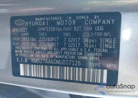 2021 Hyundai Nexo Blue из США, поврежденный, VIN KM8J74A60MU017126